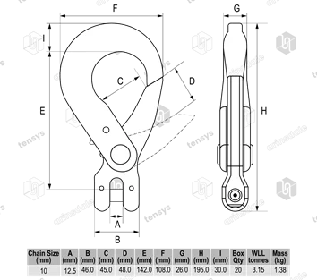 10mm Chain Diameter · Grade 8 · Clevis Self Locking Hook · 3.15 Tonne WLL