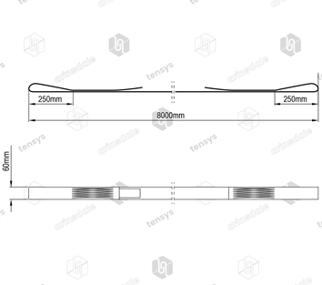 1 tonne WLL x 60mm wide simplex (Single thickness) flat web sling 8m EWL with 250mm flat loops each end (not reinforced)