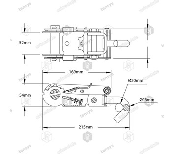 Tensys® · 50mm · 5000daN · Narrow Handled Ratchet · Swivel Hook for Ratchet · NH