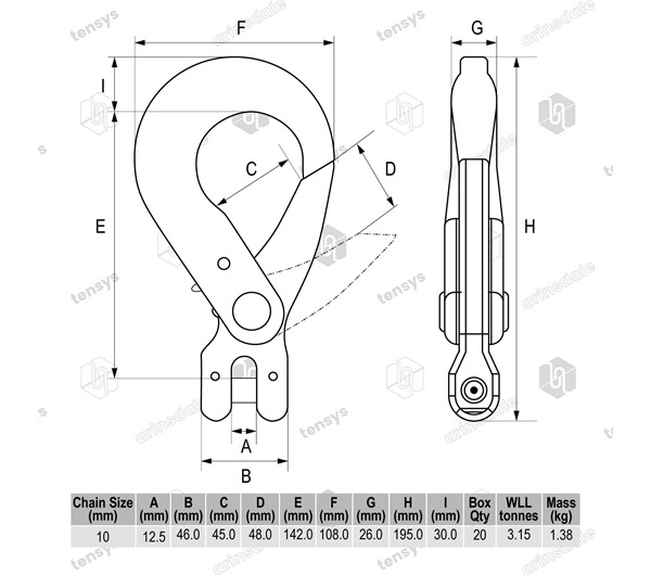 10mm Chain Diameter · Grade 8 · Clevis Self Locking Hook · 3.15 Tonne WLL