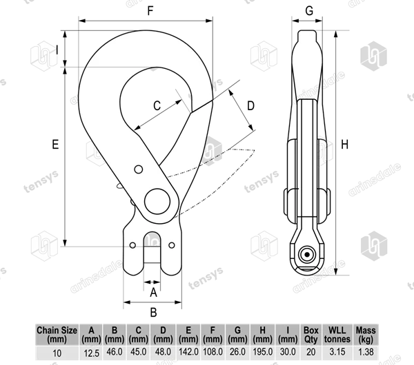 10mm Chain Diameter · Grade 8 · Clevis Self Locking Hook · 3.15 Tonne WLL