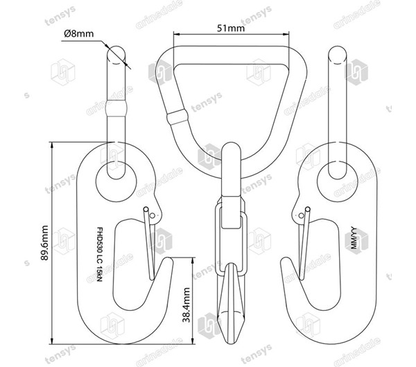 Tensys® · 50mm · 3000daN · Forged Hook (with wire safety catch) + Delta