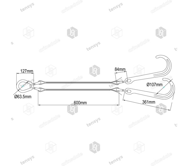 J Hook V-Assembly with webbing for Winching 5000 daN (Kg) Min Break Force