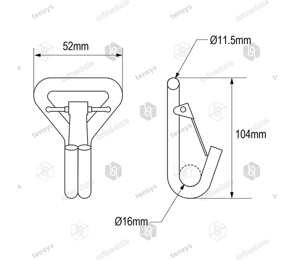 50mm · 5000daN · Claw Hook with Safety Catch for 15mm Bar