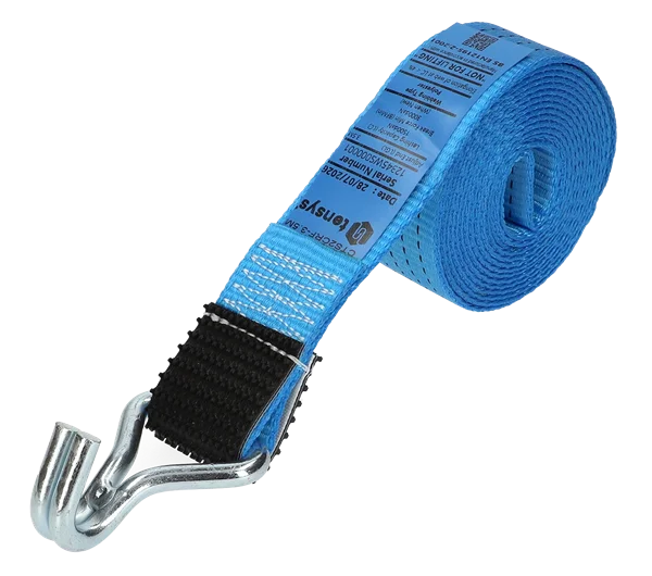 Blue · 50mm · 3.5 metre Strap · Cranked Claw Hook Rubber protector sewn around hook