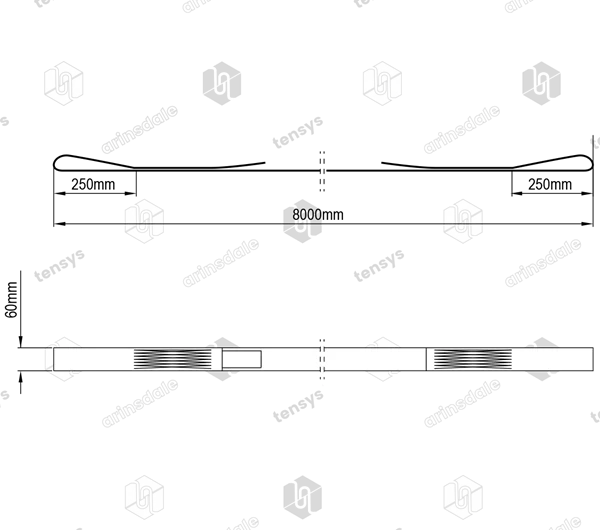 1 tonne WLL x 60mm wide simplex (Single thickness) flat web sling 8m EWL with 250mm flat loops each end (not reinforced)