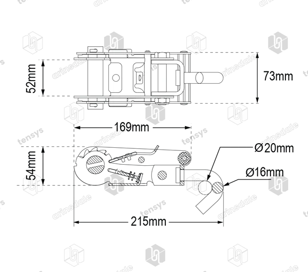 50mm · 5000daN · Narrow Handled Ratchet · Swivel Hook for Ratchet · NH