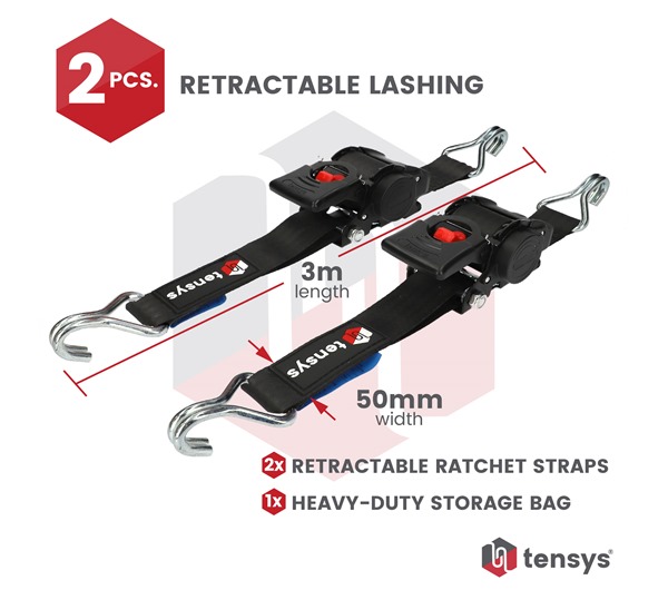 50mm Retractable Ratchet Straps (2-Pack) – Heavy Duty Auto Self-Retracting Tie Down Straps