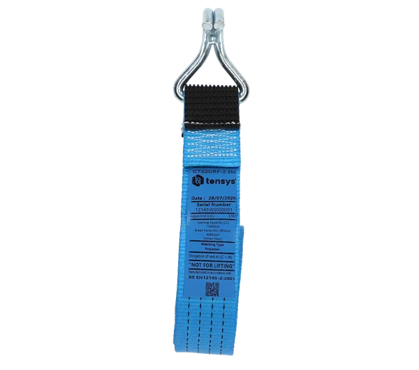 Blue · 50mm · 3.5 metre Strap · Cranked Claw Hook Rubber protector sewn around hook
