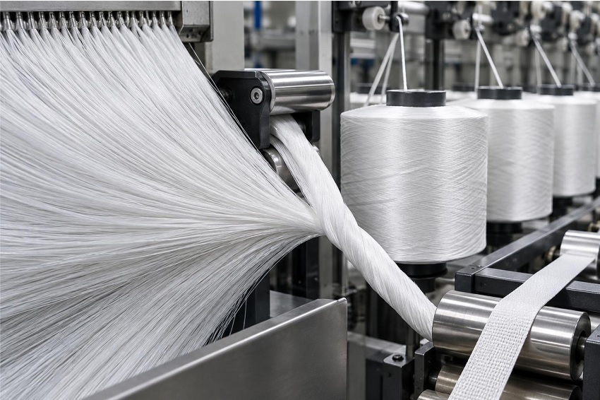 Continuous polyester filaments are aligned and combined into technical yarn before weaving.