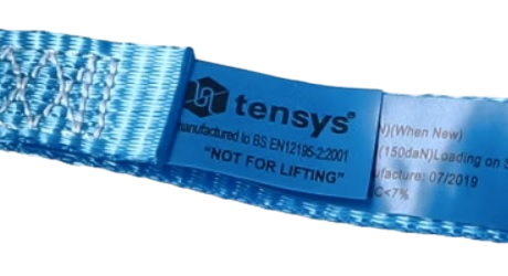 Tensys ratchet strap label with 'NOT FOR LIFTING' warning